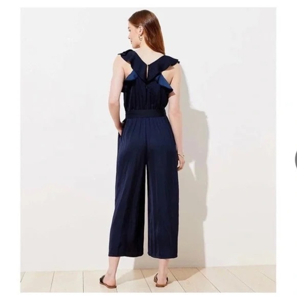 Loft Navy Satin Silky Flutter Sleeve Wide Leg Jumpsuit Sz 8 Contemporary Modern - Picture 2 of 16